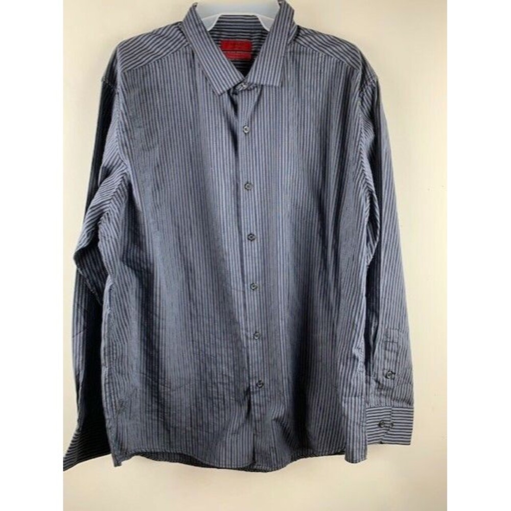 Alfani Size 17 1/2 34-35 XL Mens Shirt Black Gray Stripe Fitted Performance